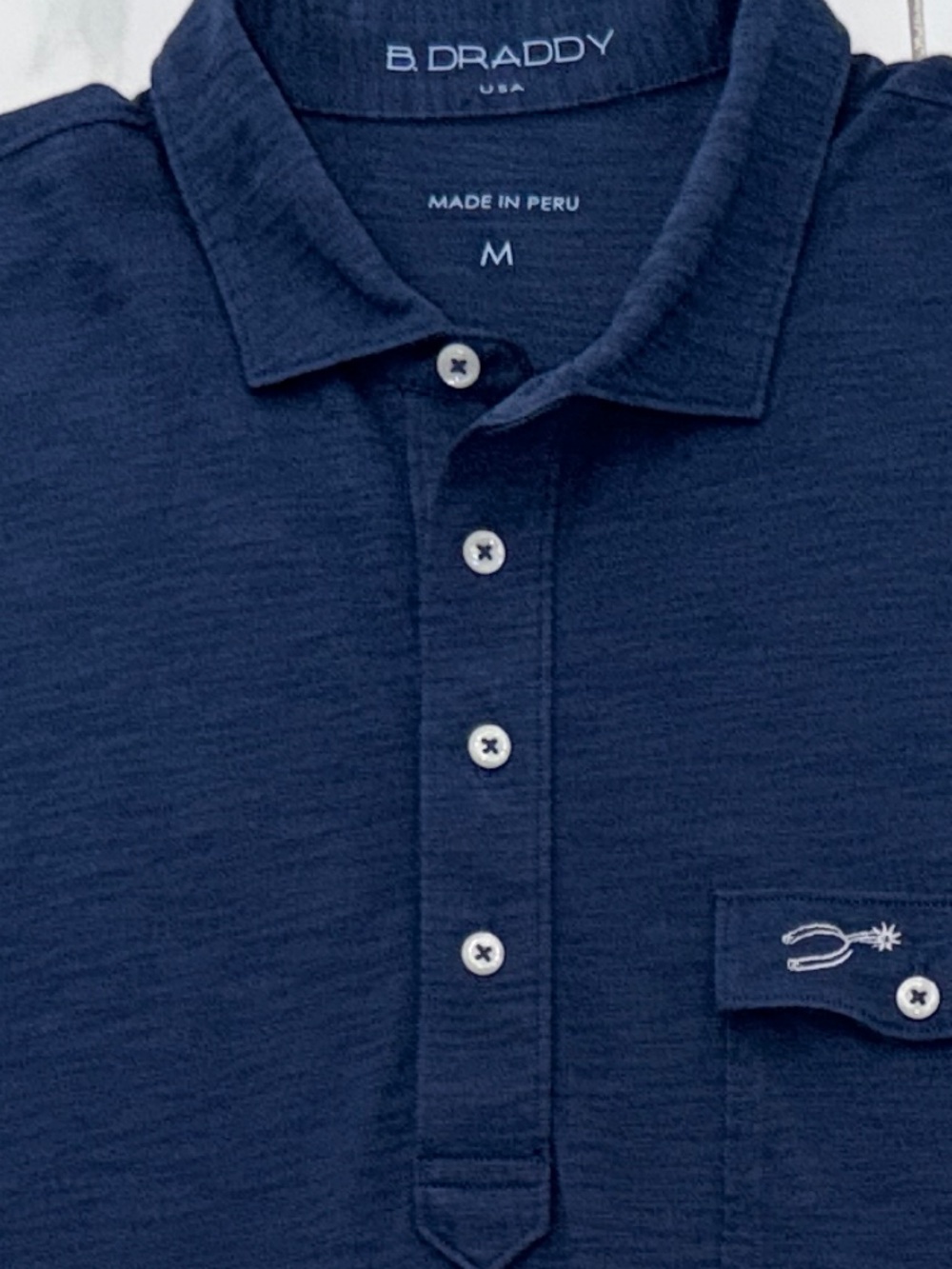 B.Draddy Men’s M Navy Slub Organic Pima Cotton Polo Shirt Chest Pocket Peru - Picture 3 of 10